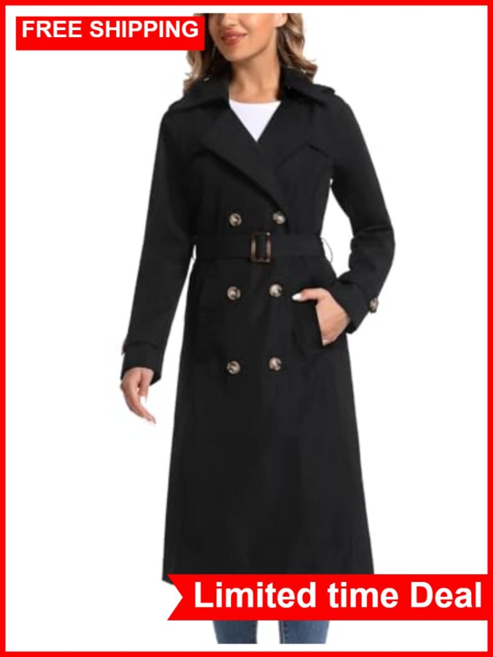 Waterproof Double Breasted Long Trench Coat Belted Hooded